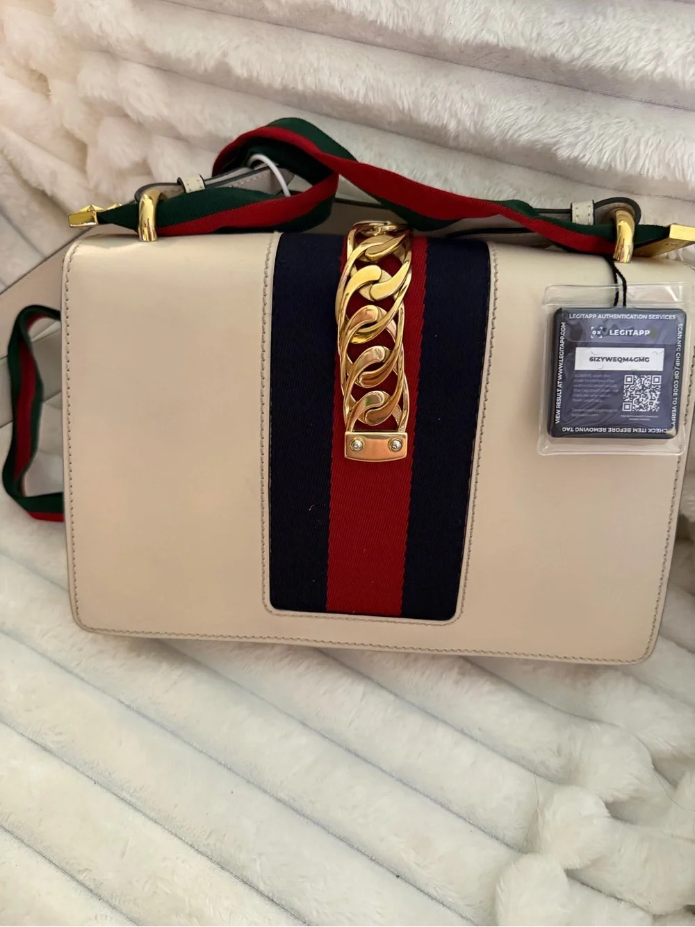 Gucci Small Sylvie Leather Shoulder Bag Off White Calfskin with Web Ribbon